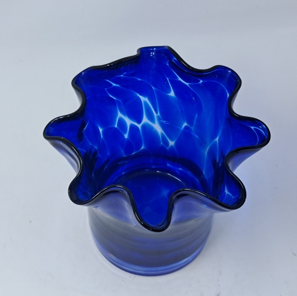 Blue Art Glass Vase With Ruffled Type Edge - Picture 4 of 4